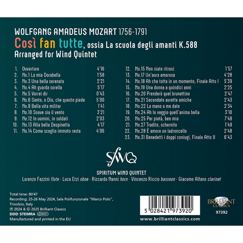 Cosi fan tutte, arranged for Wind Quintet : Spiritum Wind