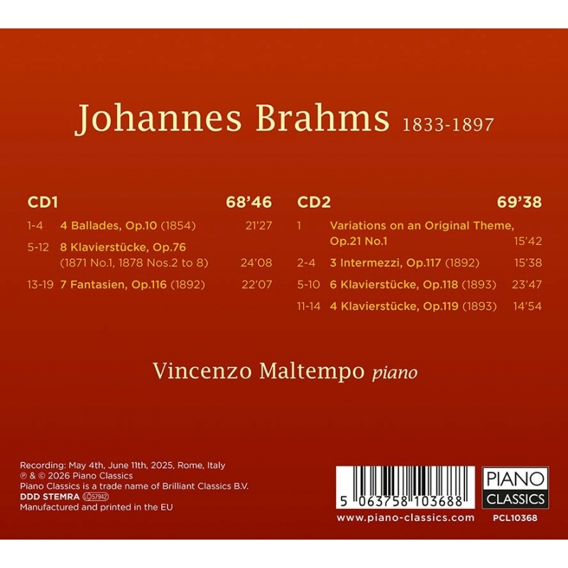 ピアノ作品集 ヴィンチェンツォ・マルテンポ（2CD） : ブラームス